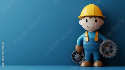 Construction Worker Cartoon Character Toy: Vibrant Children's Education Playful Learning with Gears and Hard Hat on Blue Background