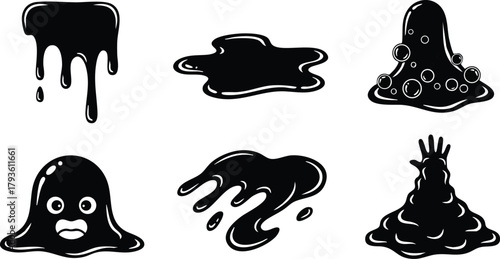 Black slime shapes vector illustration with dripping and bubbling effects in various forms and textures 