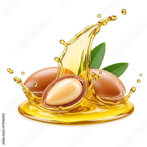 Argan nuts with golden oil splash and green leaves isolated on a transparent background argan oil liquid