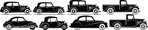 Vintage classic cars and pickup trucks silhouette collection vector illustration in black and white style 