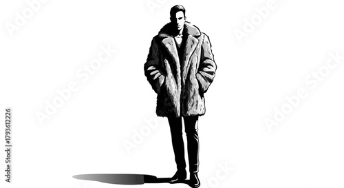 Stylish man in a fur coat standing confidently on white background. Person in fur coat  