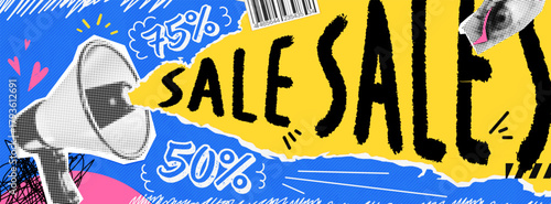 Newsy sale collage banner. Announcement a retro megaphone and paper collaged art for posters and social media. A promotional design for advertising campaigns, trendy banners, or news alerts.