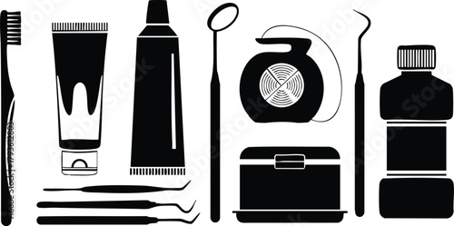 Dental care tools and oral hygiene equipment vector illustration in black and white for medical and health use 