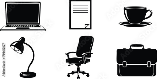 Office work essentials laptop document coffee cup desk lamp swivel chair briefcase vector illustration set 