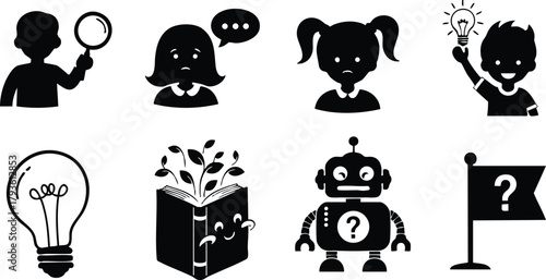 Question mark symbols and icons with people thinking and robot holding idea bulb concept vector illustration 