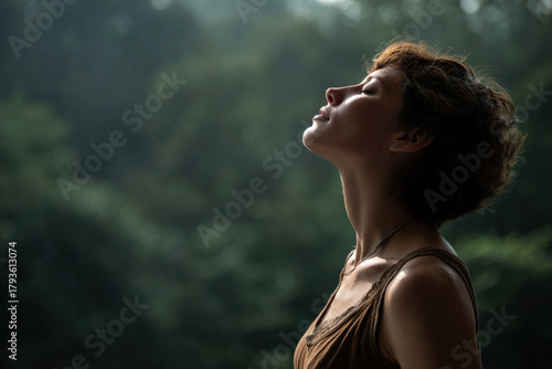 woman opens her window inhaling fresh air of new day feeling gentle breeze on her skin