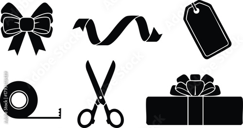 Gift wrapping tools and accessories with scissors tape bow ribbon and label vector illustration 