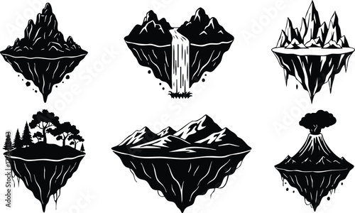 Floating mountains with trees and waterfall black and white vector illustration set in fantasy style 