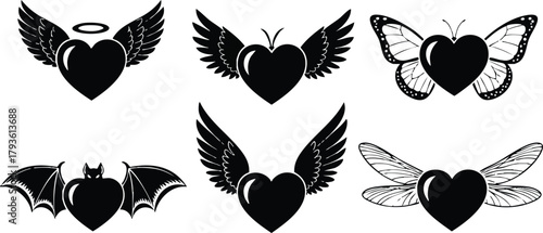 Heart symbols with wings and halos in black silhouette style vector illustration set 