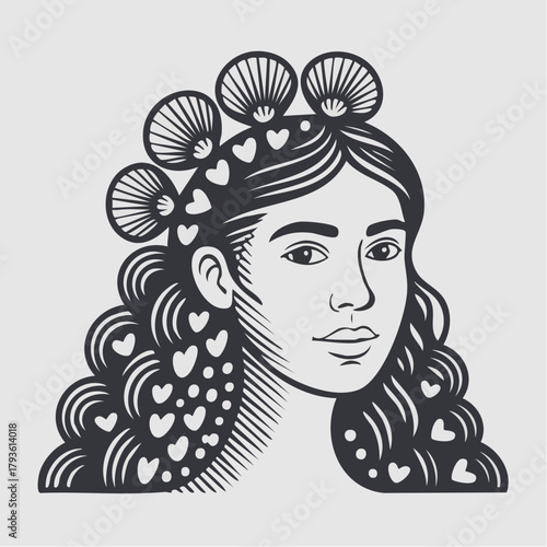 ornamental serenade: heart-tressed maiden, shell crown, flowing patterned locks, serene visage, decorative ink portrait