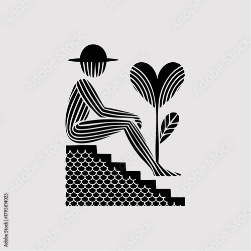 monochrome meditative vignette: lined sitter on scalloped steps, heart-sprout companion, minimalist harmony