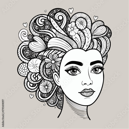 ornate muse linework: intricate feminine portrait, floral swirl tresses, whimsical heart-detailed hair tapestry
