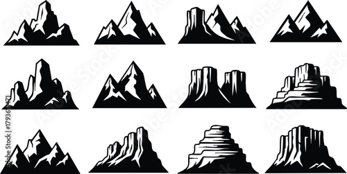 Mountain silhouette vector set with various mountain shapes and rocky peaks in black and white style for design projects 