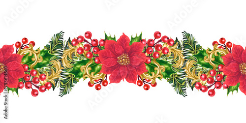 Red poinsettia. Seamless border with Christmas flowers, holly berries, vintage gold decor, isolated on a white background. Watercolor pattern for invitations, tablecloths, table runners, home decor