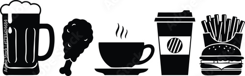 Beer mug fried chicken cup of coffee takeaway coffee fries and burger vector illustration icons collection 