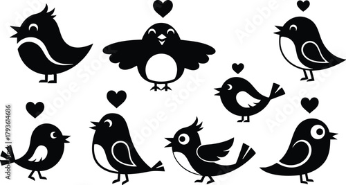 Cute cartoon birds with heart shapes above in black silhouette style vector illustration for love and affection design 
