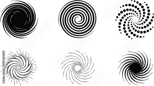 Abstract black swirl vortex set with spiral and circular dot designs in vector format for graphic use and creative projects 