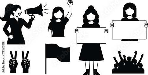 Female Protesters Raising Voices and Holding Blank Signs in Activism Vector Illustration 