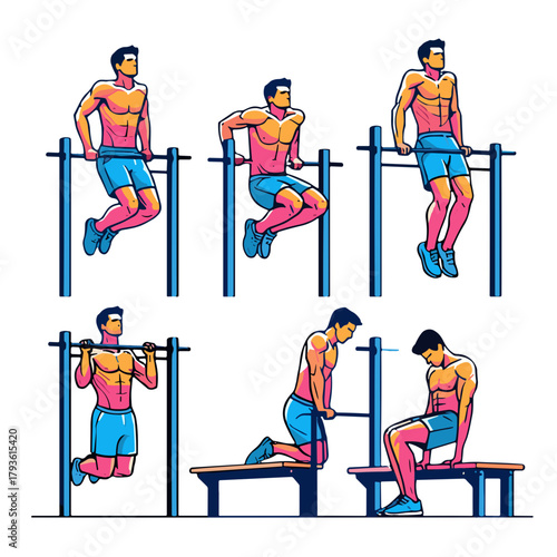 Man demonstrating pull-up technique with various exercises in gym  