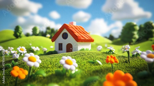 Whimsical Cartoon House in a Fantasy Fairy Tale Landscape: 3D Rendering of a Cheerful Springtime Cottage Surrounded by Flowers and Lush Green Hills Under a Sunny Blue Sky