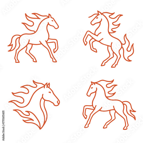 Fiery horse icons in minimalist line art style with orange color  