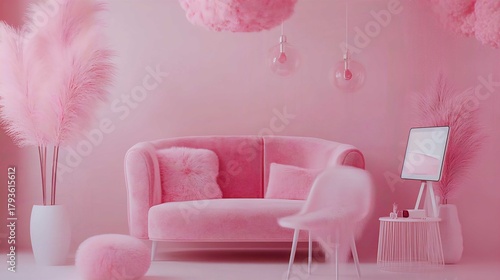 Contemporary Pink Living Room with Modern Decor and Soft Furnishings: Creative Interiors and Cozy Home Aesthetics
