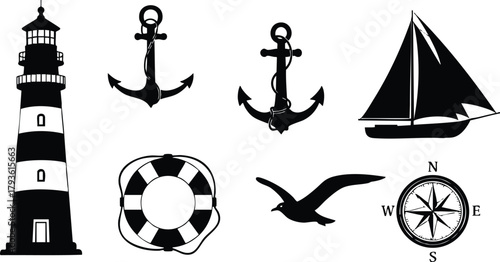Nautical icons set with lighthouse anchors sailboat life buoy compass and seagull vector illustration 