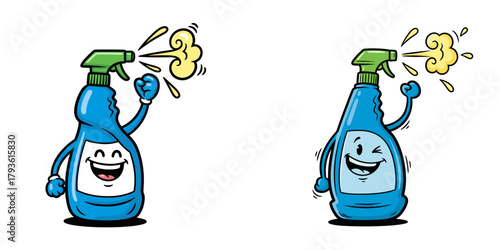 Cartoon disinfectant bottles with exaggerated expressions of joy and action on a white background