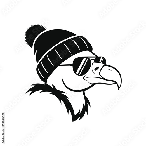 Vulture Head with winter cap and sunglass vector illustration.eps