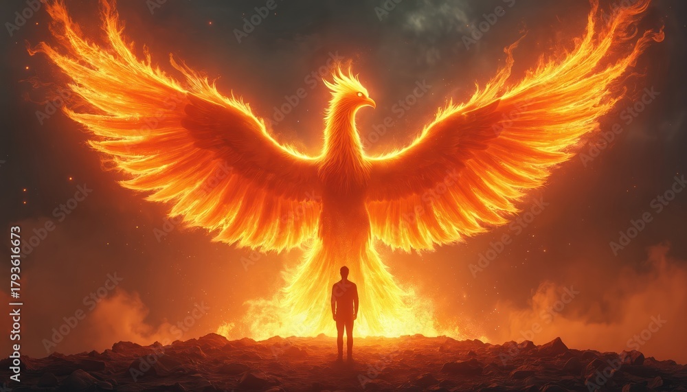 Naklejka premium Phoenix rises from ashes. Person watching reborn bird. Concept of rebirth, transformation, hope. Rising after failure. Overcoming adversity. Man looking at mythical creature. Strength, freedom