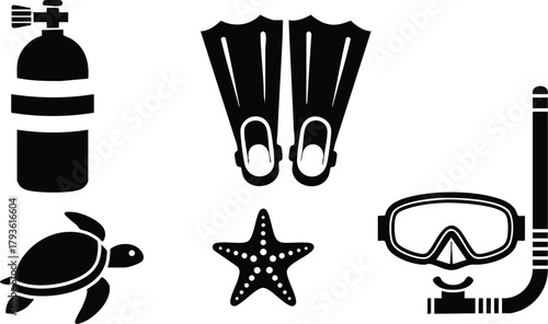 Scuba diving equipment vector with snorkel mask fins turtle and starfish for underwater exploration 