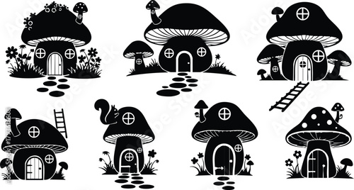 Silhouette fantasy mushroom houses with doors windows and ladders vector illustration set 