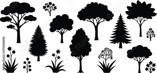 Variety of tree and plant silhouettes in black vector illustration for natural and botanical design elements 