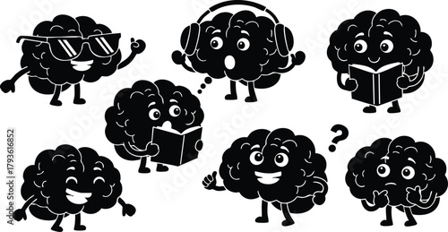 Cartoon brain characters showing various emotions and activities in black silhouette style vector illustration 