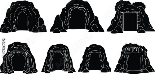 Primitive Cave Entrance Silhouettes Vector Set with Natural Rock Shapes and Rough Outlines for Historical or Adventure Themes 