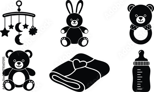 Baby toys and accessories including teddy bears, blanket, bottle, and rattle in black silhouette style vector 