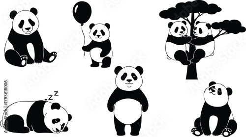 Panda bear vector set showing sitting sleeping playing holding balloon and climbing tree illustrations 