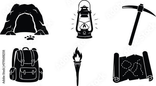 Mining Equipment Vector Set with Lantern Pickaxe Backpack Torch and Cave Entrance Illustration 