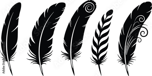 Collection of black feather silhouettes with various shapes and curling designs vector illustration for creative projects and design work 