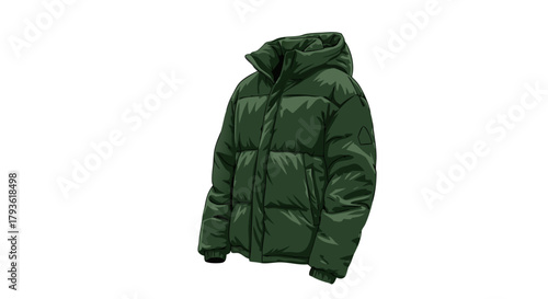 Green puffer jacket with hood in minimalist style  