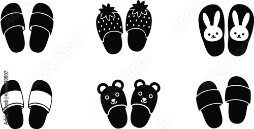 Set of six black and white slippers icons with various designs including animal and fruit motifs vector illustration 