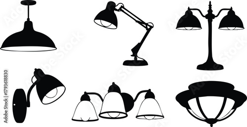 Various ceiling and desk lamp vector illustration with black silhouette style in different designs 