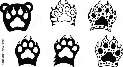 Animal paw prints vector set featuring bear tiger and leopard footprints in black and white style for design and decoration 