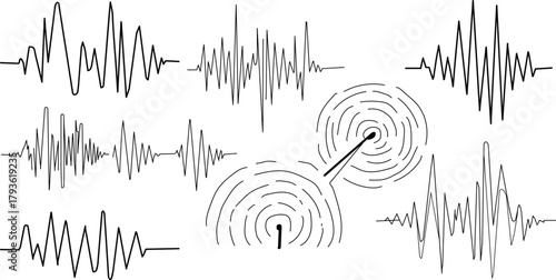 Drawn waveforms depicting communications data transfer scientific measurement and seismic activity graphic elements for physics engineering and technology applications white background