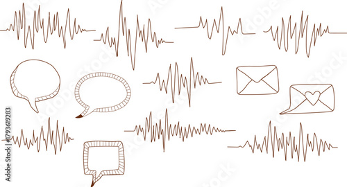 Hand drawn doodle elements illustration depicting communication analysis including speech bubbles audio waves and envelope illustrations perfect for graphic design and creative projects