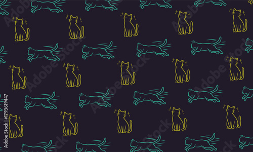 A seamless pattern illustration of cute cats in different poses such as sitting and running. The style of this illustration is a minimalist line art, with a modern feel, using a dark background.