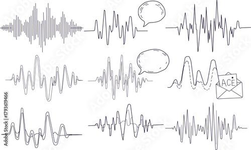 Hand drawn speech wave patterns illustrating communication and technology with message bubbles and a letter conveying important data insights and trends in digital information processing