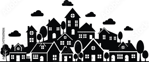 Residential neighborhood silhouette with houses trees and clouds in black vector illustration 