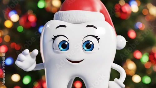 Happy Cartoon Tooth Character in Christmas Celebration