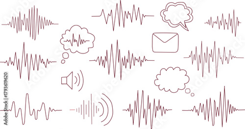 Set of Vector Communication Design Elements for Digital Audio Visualization and Online Chat depicting a Variety of Audio Waves and Messages